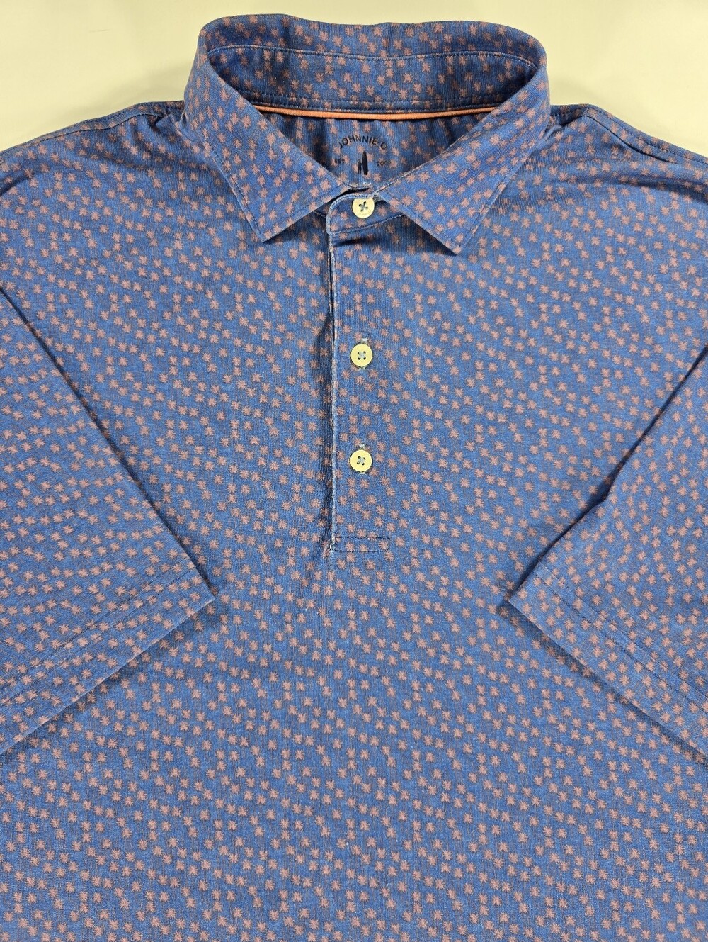 johnnie-O Top Shelf Men's Polo Shirt Large Blue Pink Palm Tree Stretch Golf